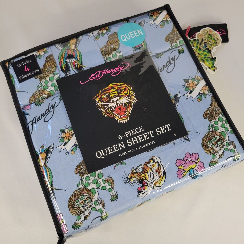 Ed Hardy QUEEN Blue Sheets Set 6pc Tattoo Foo Dog Tiger Floral Bird Heart Rose